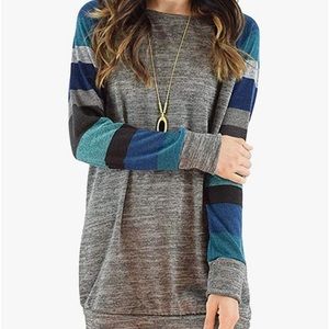 Blue Striped Cotton Knitted Long Sleeve Lightweight Tunic